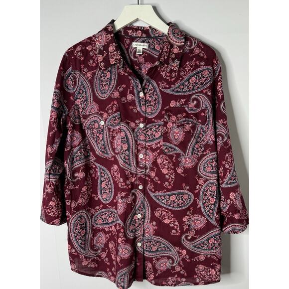 Croft & Barrow Button Down Top 3/4 Roll Tab Sleeve Pink Paisley Cotton XXL - Picture 1 of 11